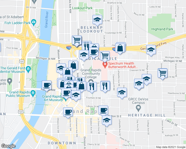 map of restaurants, bars, coffee shops, grocery stores, and more near 151 Fountain St in Grand Rapids