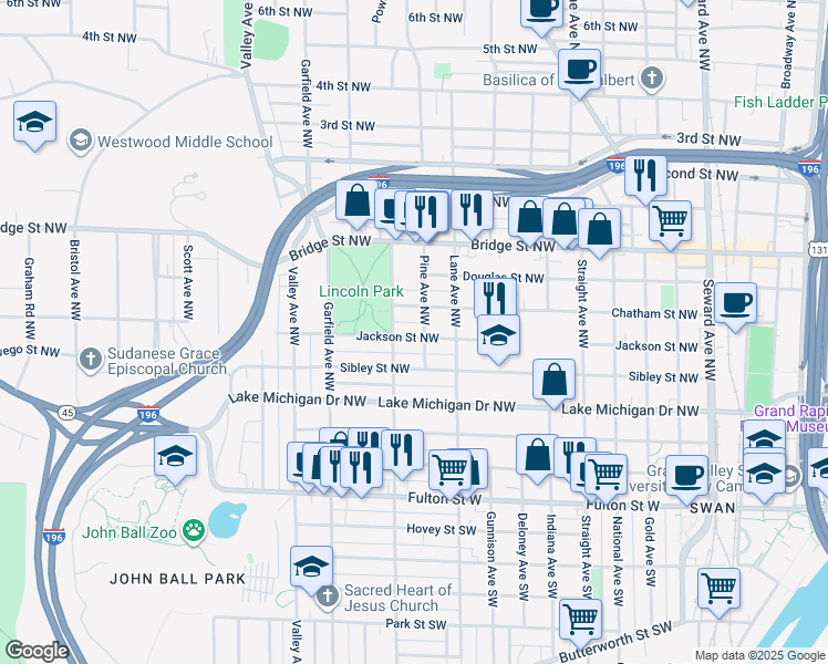 map of restaurants, bars, coffee shops, grocery stores, and more near 1039 Jackson Street Northwest in Grand Rapids