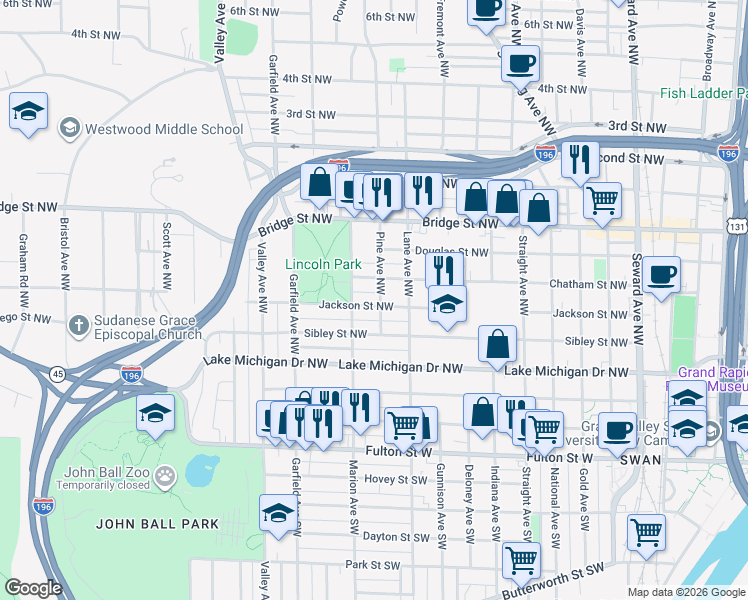 map of restaurants, bars, coffee shops, grocery stores, and more near 1024 Chatham Street Northwest in Grand Rapids