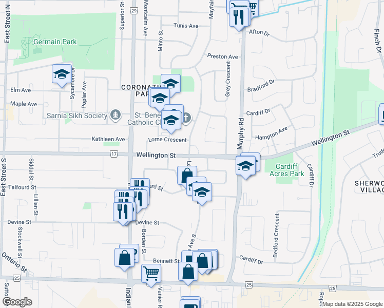 map of restaurants, bars, coffee shops, grocery stores, and more near 1020 Wellington Street in Sarnia
