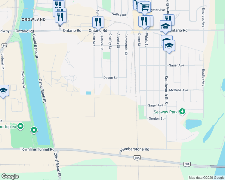 map of restaurants, bars, coffee shops, grocery stores, and more near in Welland