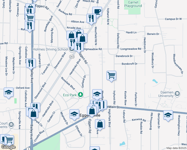 map of restaurants, bars, coffee shops, grocery stores, and more near 1492 Eggert Road in Buffalo