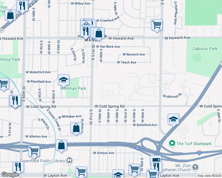 map of restaurants, bars, coffee shops, grocery stores, and more near 4907 West Maple Leaf Circle in Greenfield
