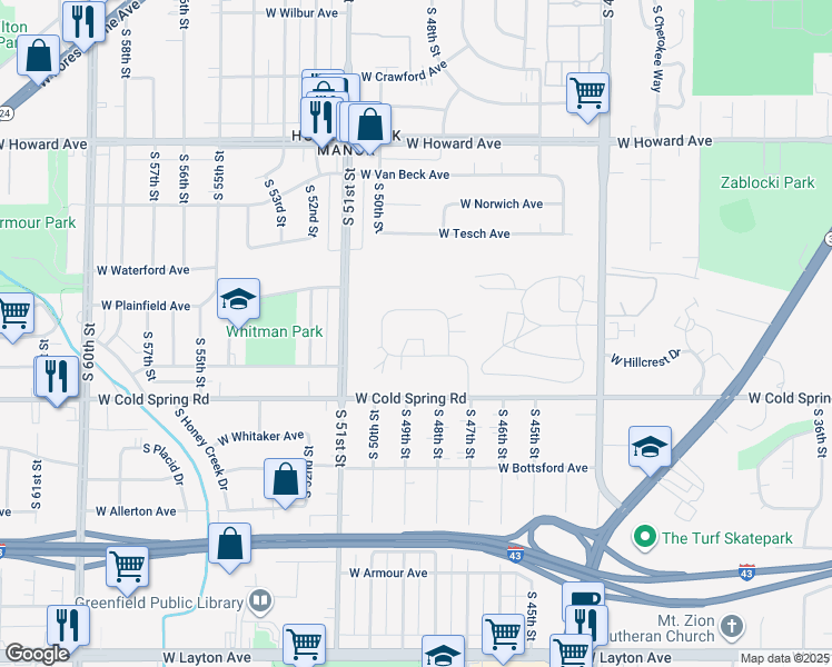 map of restaurants, bars, coffee shops, grocery stores, and more near 4881 West Maple Leaf Circle in Greenfield