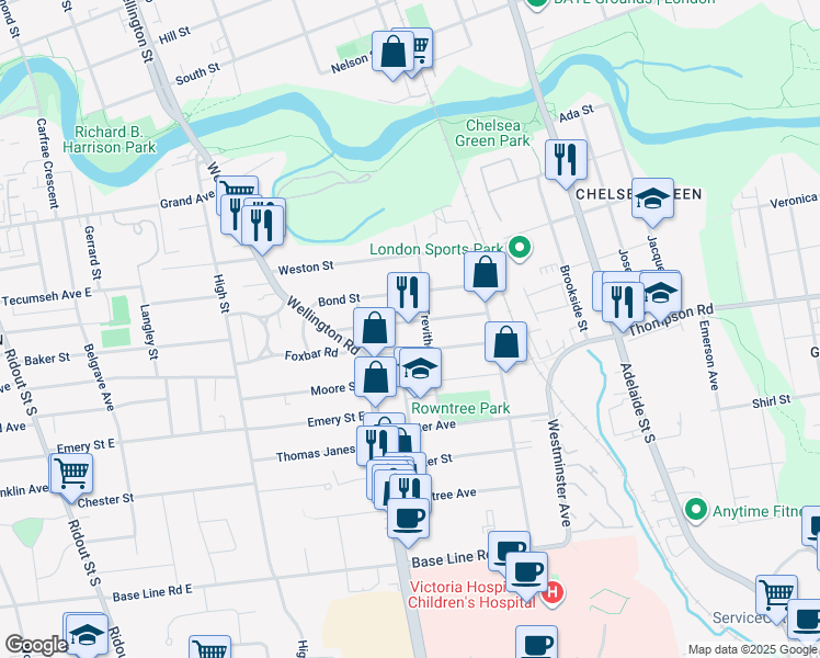 map of restaurants, bars, coffee shops, grocery stores, and more near 65 Raywood Avenue in London