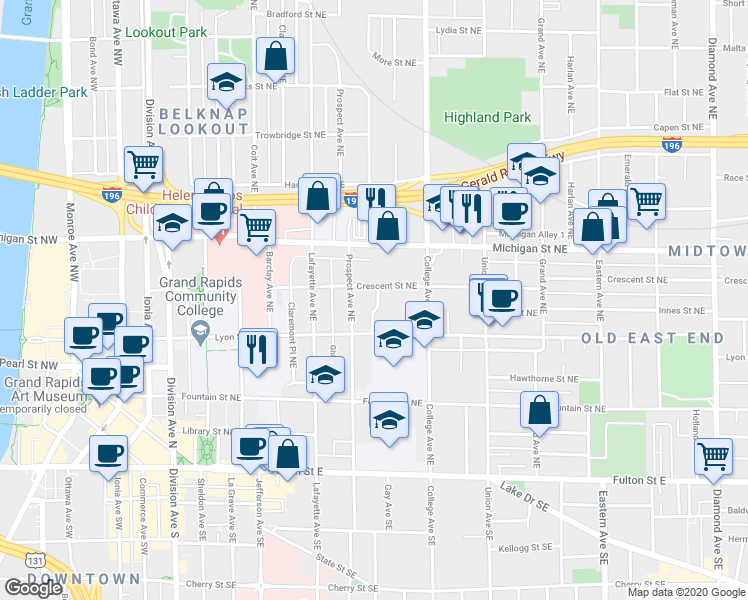 map of restaurants, bars, coffee shops, grocery stores, and more near 235 Oakley Place Northeast in Grand Rapids
