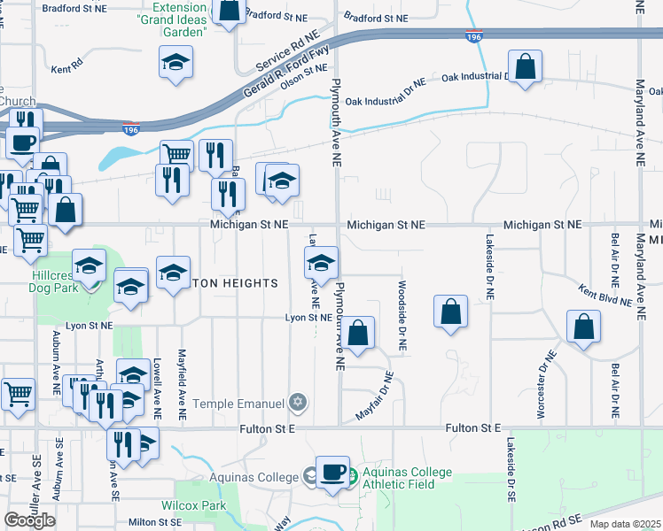 map of restaurants, bars, coffee shops, grocery stores, and more near 324 Lawndale Avenue Northeast in Grand Rapids