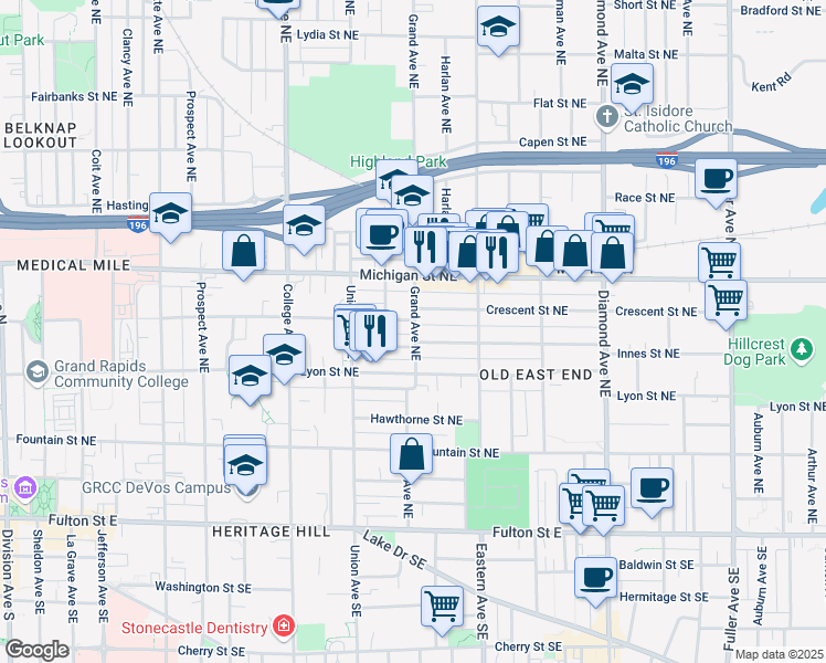 map of restaurants, bars, coffee shops, grocery stores, and more near 714 Crescent Street Northeast in Grand Rapids