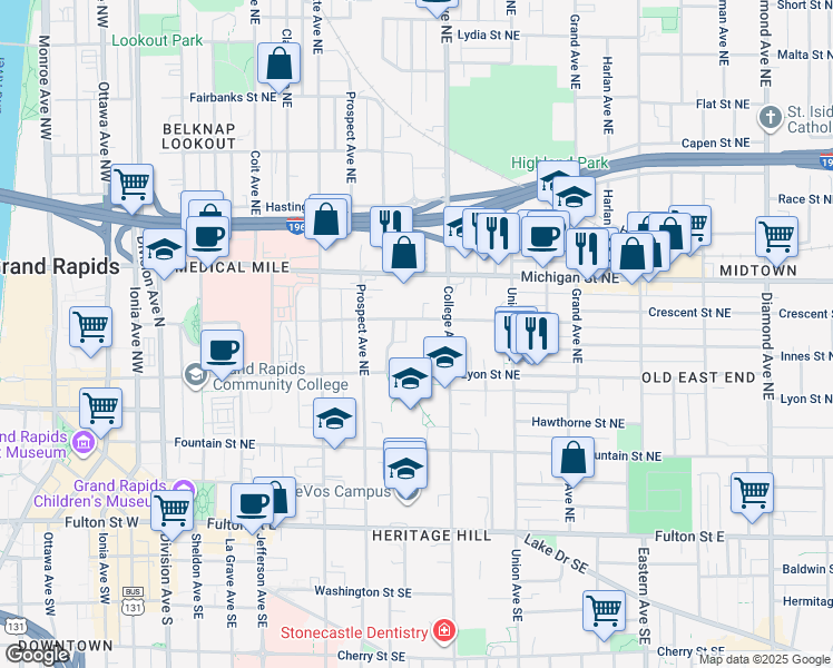 map of restaurants, bars, coffee shops, grocery stores, and more near 465 Crescent Street Northeast in Grand Rapids