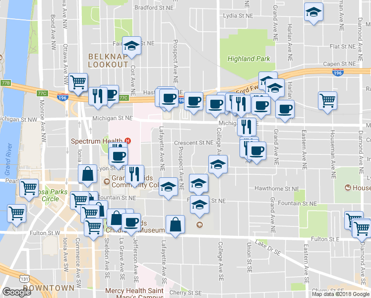 map of restaurants, bars, coffee shops, grocery stores, and more near 335 Crescent Street Northeast in Grand Rapids