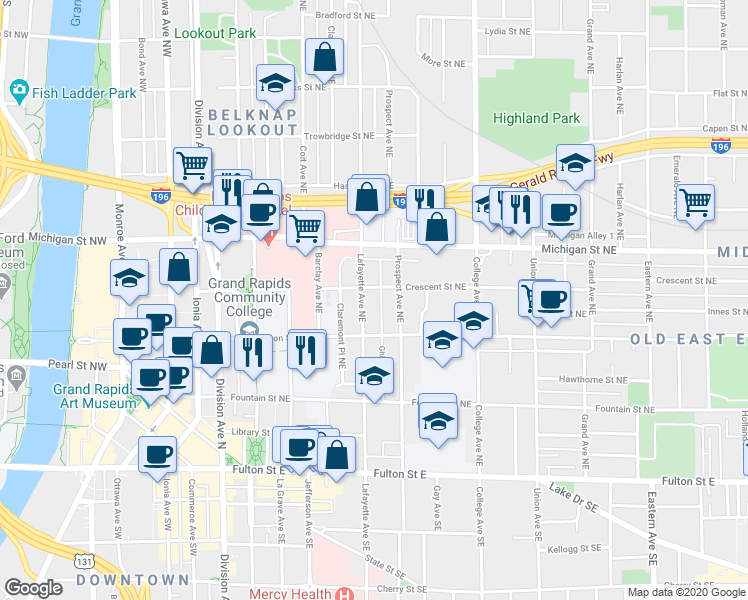 map of restaurants, bars, coffee shops, grocery stores, and more near 241 Crescent Street Northeast in Grand Rapids