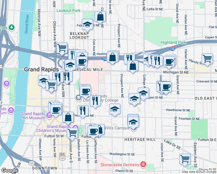 map of restaurants, bars, coffee shops, grocery stores, and more near 241 Crescent Street Northeast in Grand Rapids