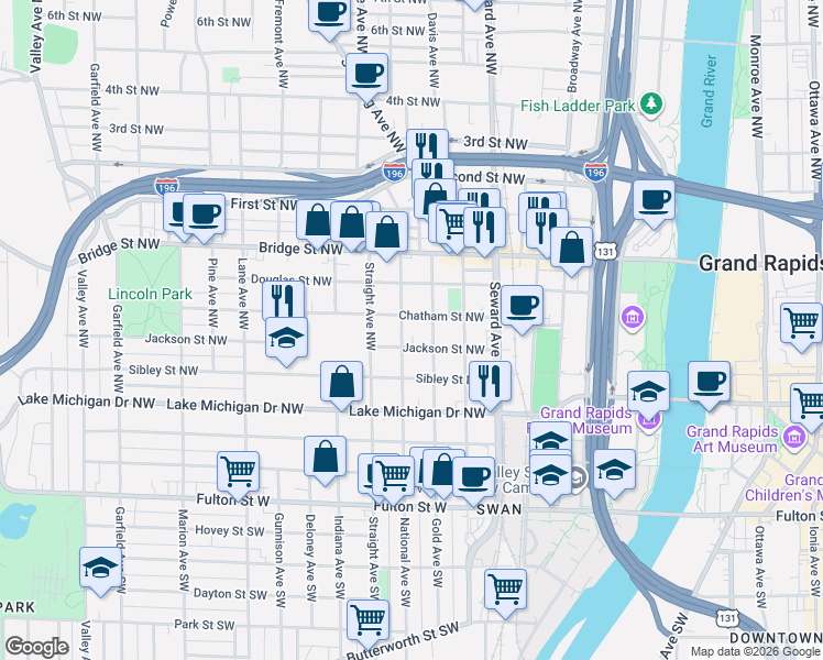 map of restaurants, bars, coffee shops, grocery stores, and more near 719 Chatham Street Northwest in Grand Rapids