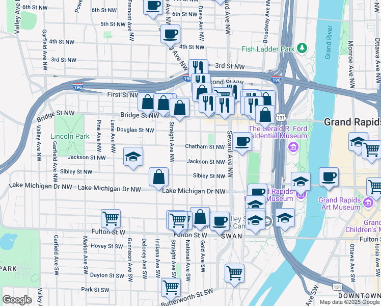map of restaurants, bars, coffee shops, grocery stores, and more near 719 Chatham Street Northwest in Grand Rapids
