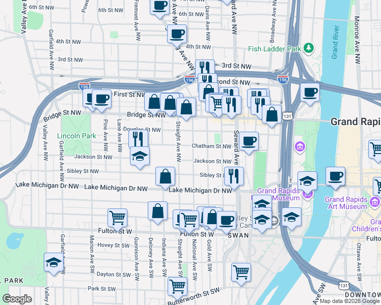 map of restaurants, bars, coffee shops, grocery stores, and more near 719 Chatham Street Northwest in Grand Rapids
