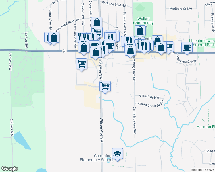 map of restaurants, bars, coffee shops, grocery stores, and more near 222 Wilson Avenue Southwest in Grand Rapids