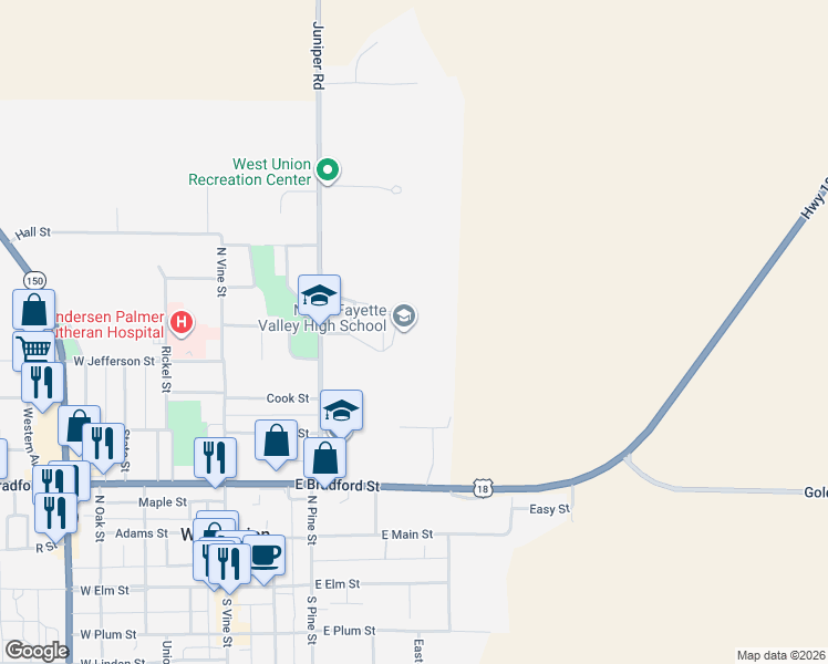 map of restaurants, bars, coffee shops, grocery stores, and more near 600 North Pine Street in West Union