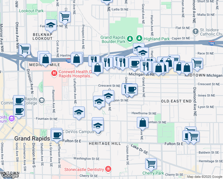 map of restaurants, bars, coffee shops, grocery stores, and more near 234 College Avenue Northeast in Grand Rapids