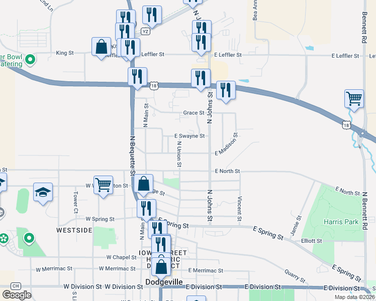 map of restaurants, bars, coffee shops, grocery stores, and more near 215 East Swayne Street in Dodgeville