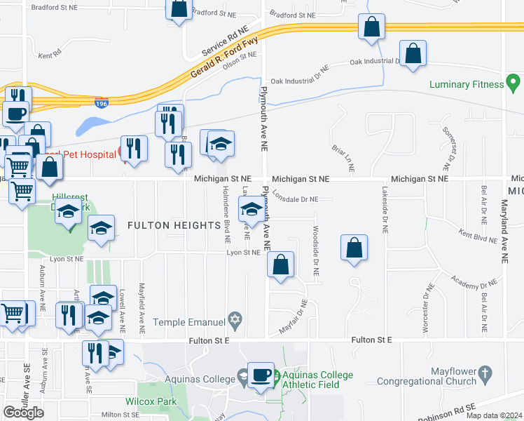 map of restaurants, bars, coffee shops, grocery stores, and more near 311 Plymouth Avenue Northeast in Grand Rapids