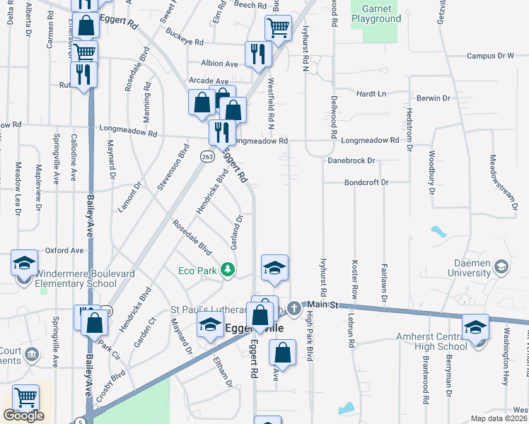 map of restaurants, bars, coffee shops, grocery stores, and more near 1492 Eggert Road in Buffalo