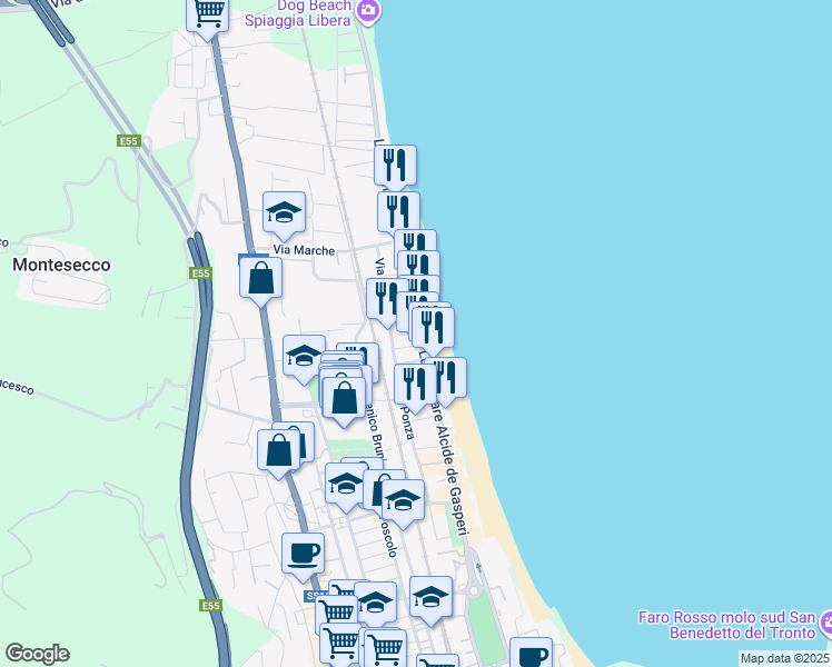 map of restaurants, bars, coffee shops, grocery stores, and more near 168 Lungomare Alcide de Gasperi in Grottammare