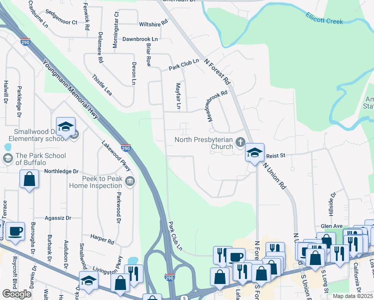 map of restaurants, bars, coffee shops, grocery stores, and more near 329 Park Club Lane in Buffalo