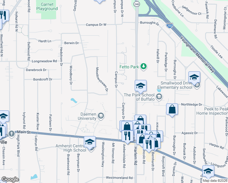 map of restaurants, bars, coffee shops, grocery stores, and more near 93 Meadowstream Drive in Buffalo