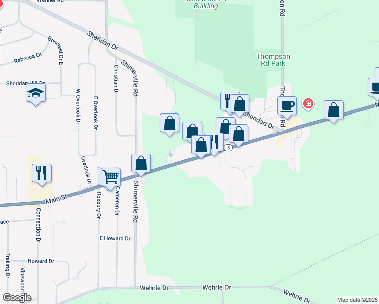 map of restaurants, bars, coffee shops, grocery stores, and more near 9030 Main Street in Clarence