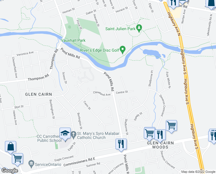 map of restaurants, bars, coffee shops, grocery stores, and more near 146 Pond Mills Road in London