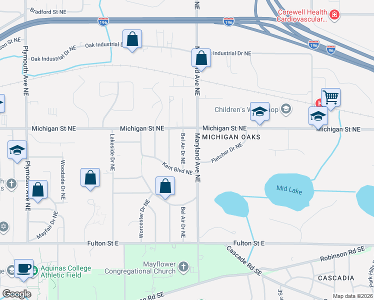 map of restaurants, bars, coffee shops, grocery stores, and more near 341 Maryland Avenue Northeast in Grand Rapids