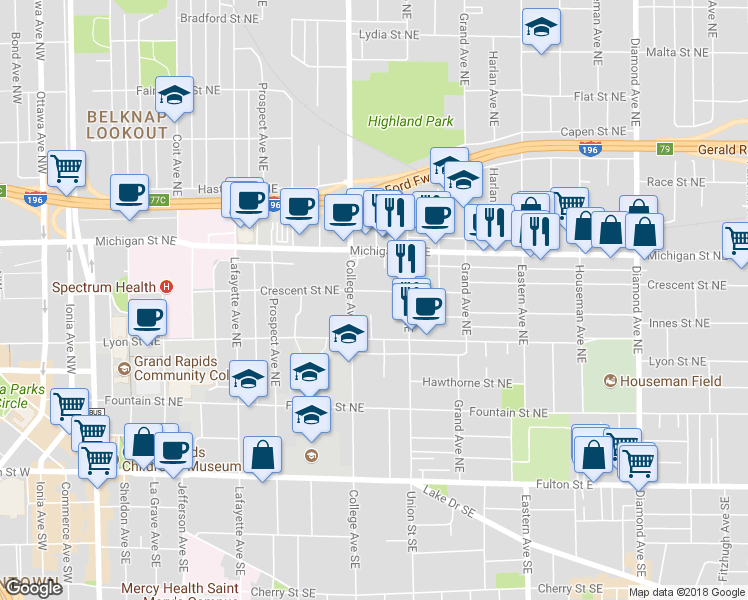 map of restaurants, bars, coffee shops, grocery stores, and more near 521 Crescent Street Northeast in Grand Rapids