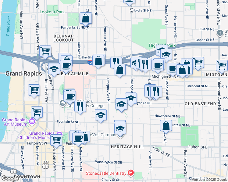 map of restaurants, bars, coffee shops, grocery stores, and more near 429 Crescent Street Northeast in Grand Rapids