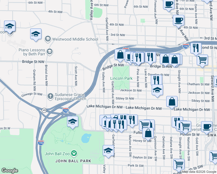map of restaurants, bars, coffee shops, grocery stores, and more near 257 Garfield Avenue Northwest in Grand Rapids