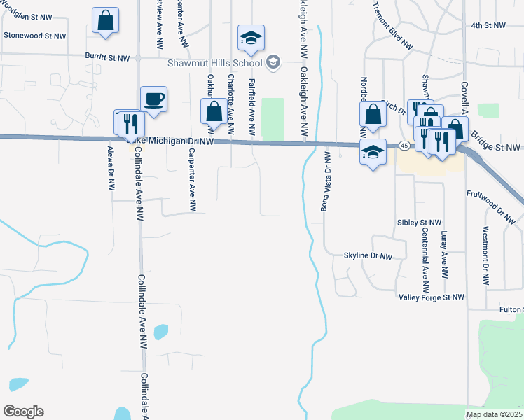 map of restaurants, bars, coffee shops, grocery stores, and more near 2492 Lake Michigan Drive Northwest in Grand Rapids