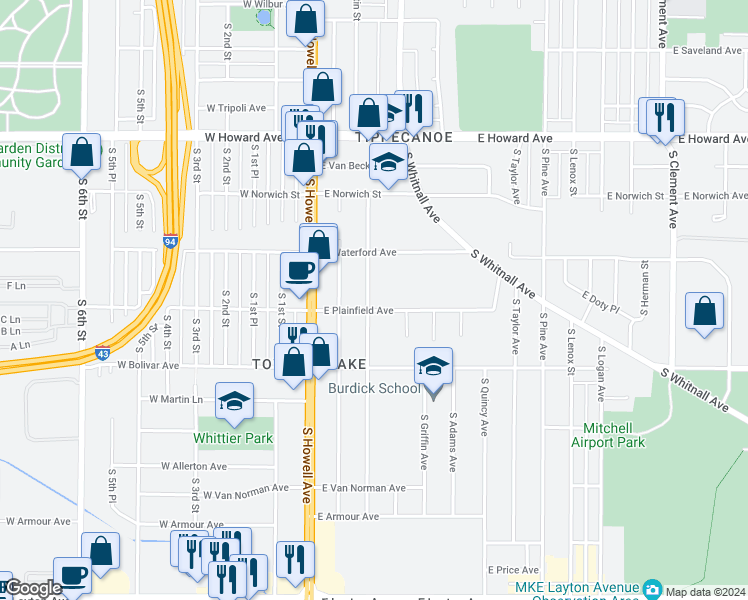 map of restaurants, bars, coffee shops, grocery stores, and more near 4151 South Austin Street in Milwaukee