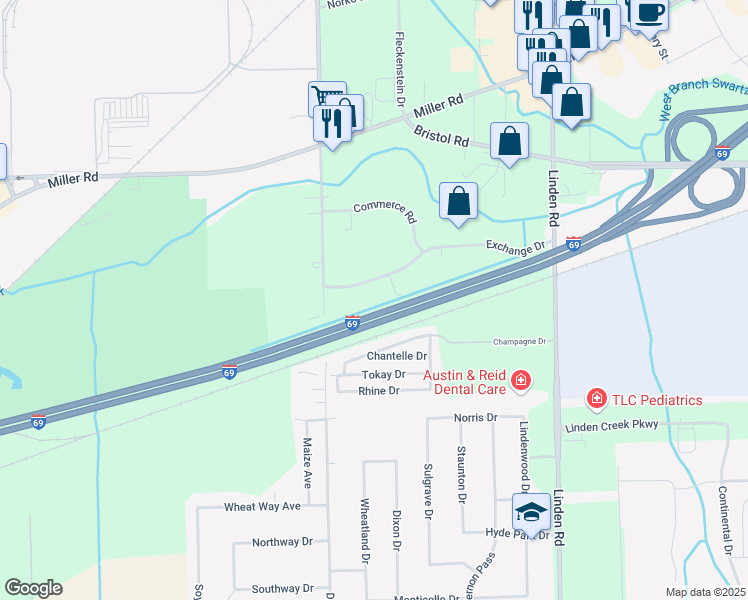 map of restaurants, bars, coffee shops, grocery stores, and more near 5225 Exchange Drive in Flint
