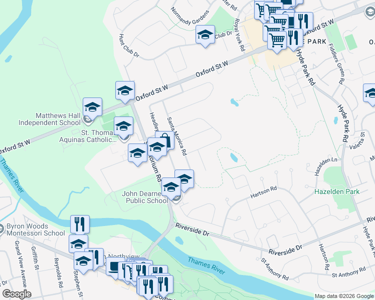 map of restaurants, bars, coffee shops, grocery stores, and more near 627 Santa Monica Road in London