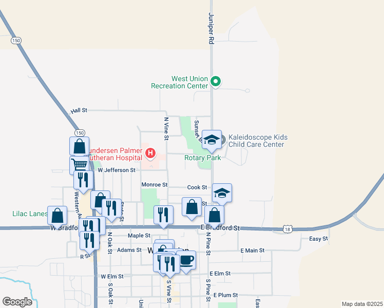 map of restaurants, bars, coffee shops, grocery stores, and more near 100 Lincoln Way in West Union
