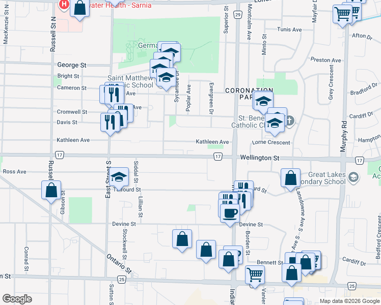 map of restaurants, bars, coffee shops, grocery stores, and more near 830 Wellington Street in Sarnia
