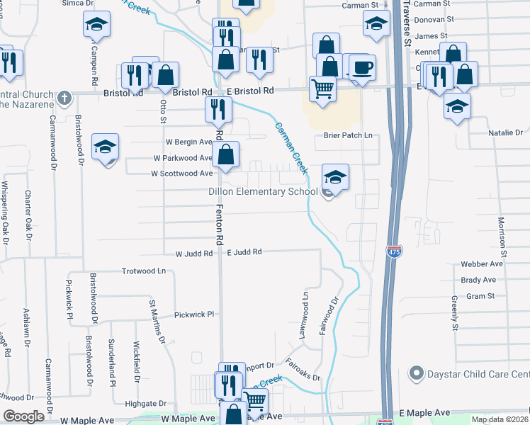 map of restaurants, bars, coffee shops, grocery stores, and more near 1097 East Schumacher Avenue in Burton