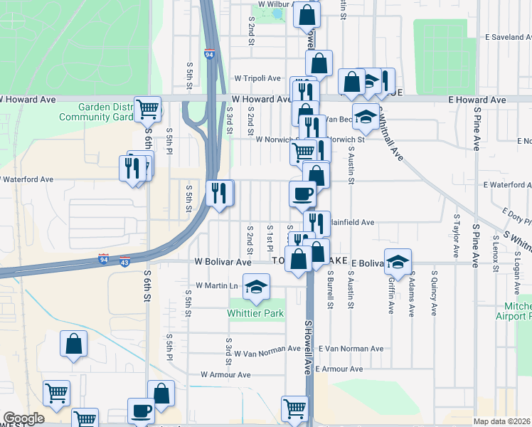 map of restaurants, bars, coffee shops, grocery stores, and more near 4150 South 1st Place in Milwaukee