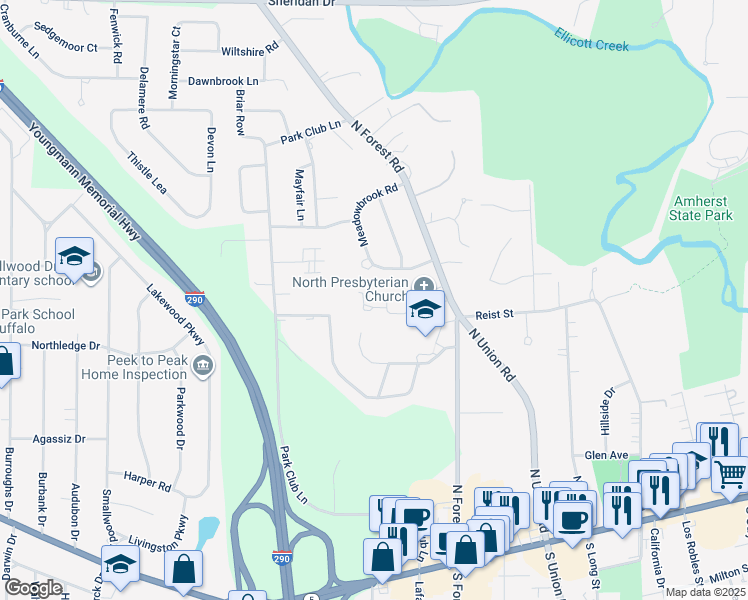 map of restaurants, bars, coffee shops, grocery stores, and more near 101 Village Park Drive in Williamsville