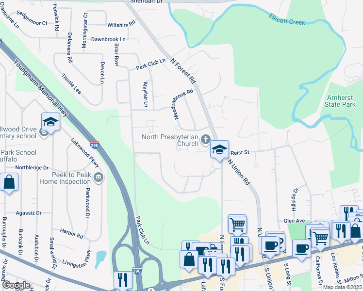 map of restaurants, bars, coffee shops, grocery stores, and more near 101-334 Village Park Drive in Williamsville