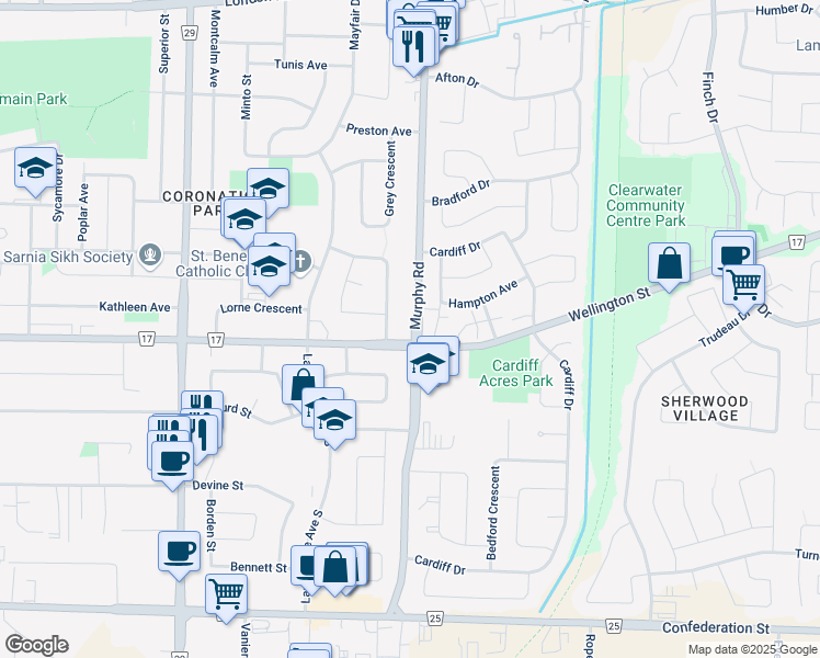 map of restaurants, bars, coffee shops, grocery stores, and more near 20 Vimy Crescent in Sarnia