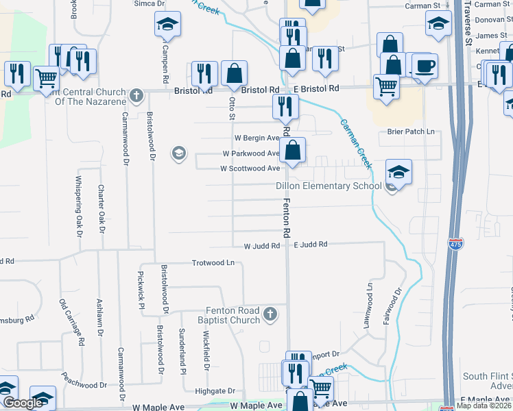 map of restaurants, bars, coffee shops, grocery stores, and more near 1028 West McLean Avenue in Flint