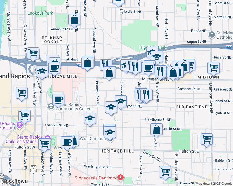map of restaurants, bars, coffee shops, grocery stores, and more near 465 Crescent Street Northeast in Grand Rapids