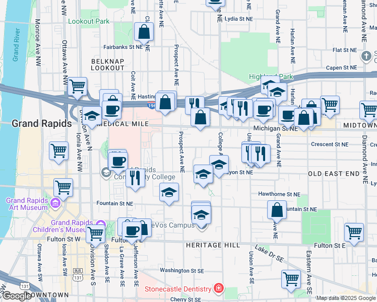 map of restaurants, bars, coffee shops, grocery stores, and more near 429 Crescent Street Northeast in Grand Rapids