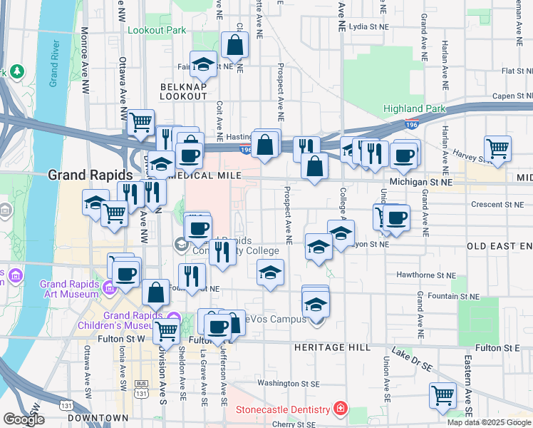 map of restaurants, bars, coffee shops, grocery stores, and more near 241 Crescent Street Northeast in Grand Rapids