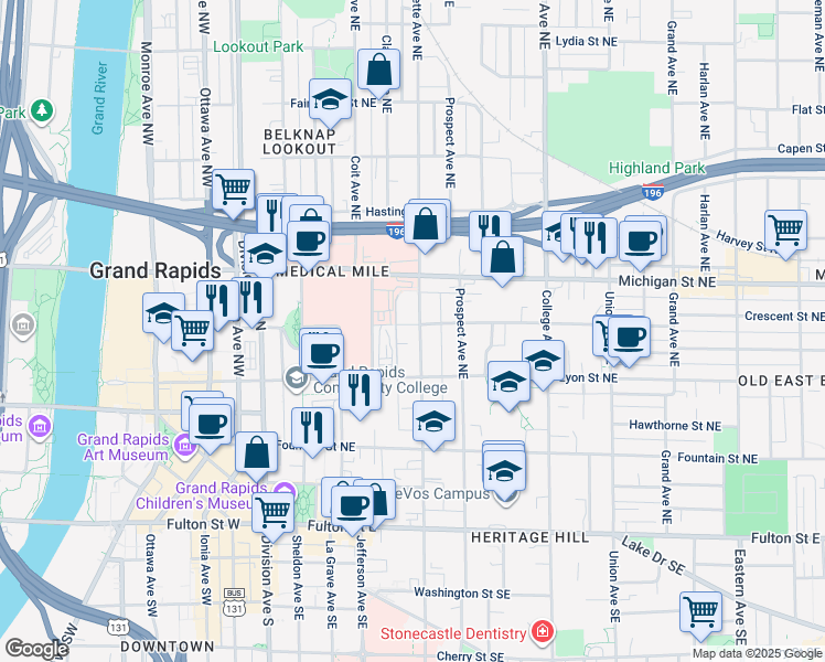 map of restaurants, bars, coffee shops, grocery stores, and more near 241 Crescent Street Northeast in Grand Rapids